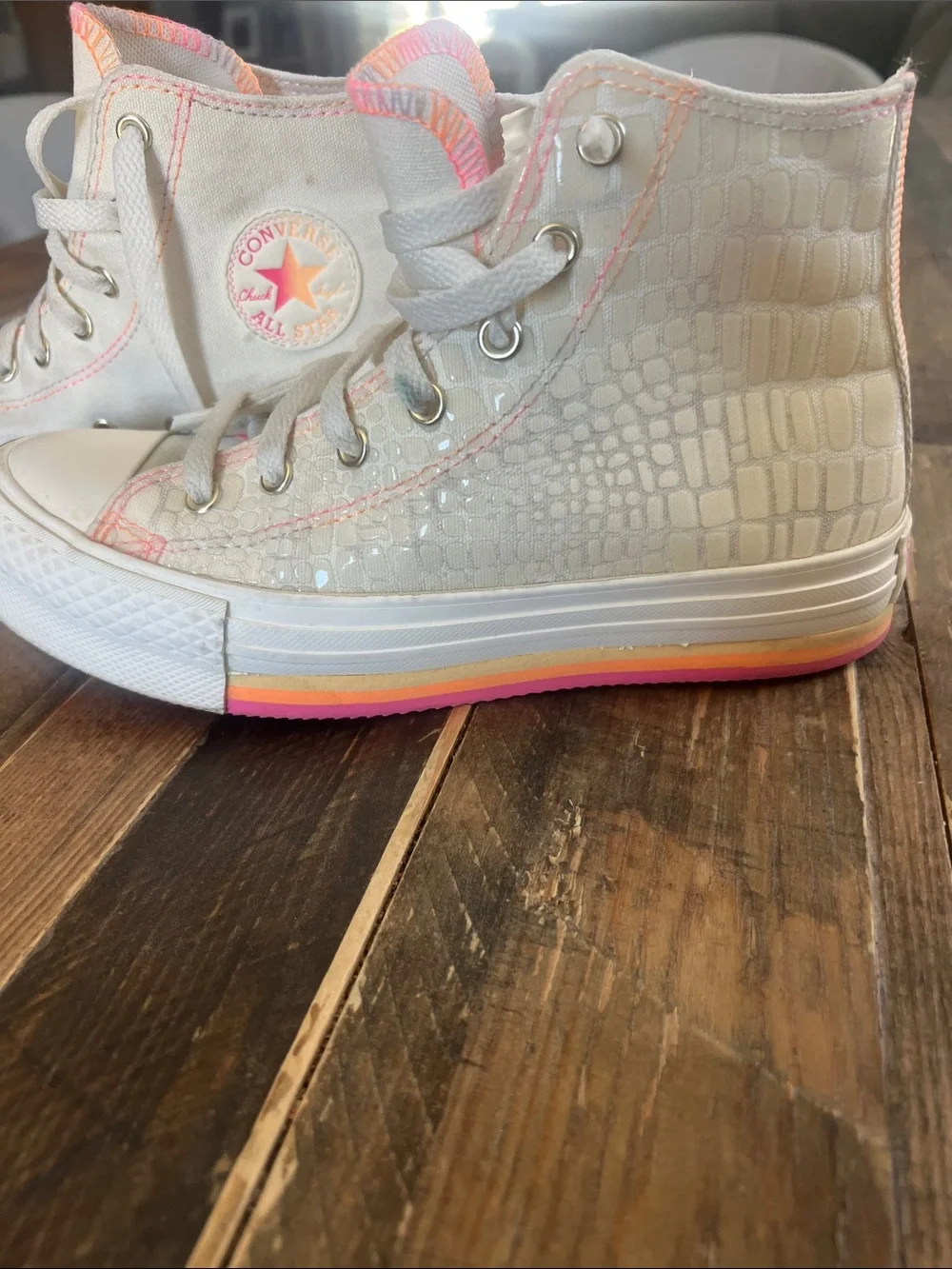 Converse Kids High-Top Sneakers in White with Pink and Orange Accents